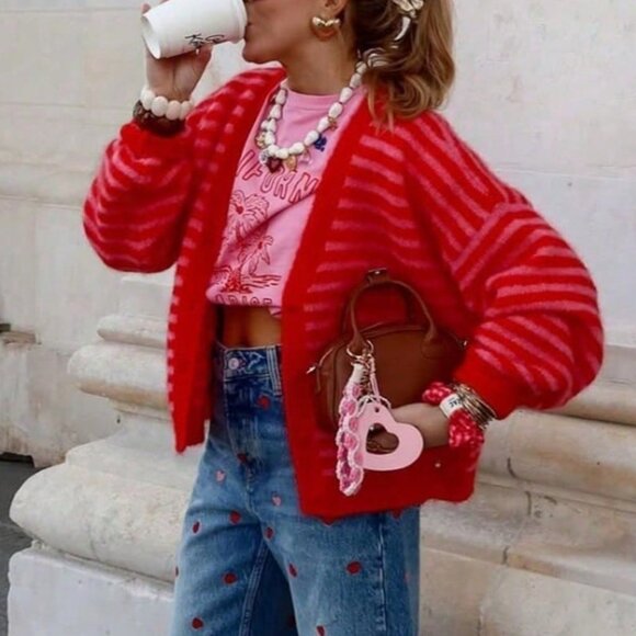 Red Casual Women's Striped Long Sleeve Cardigan - Picture 4 of 8